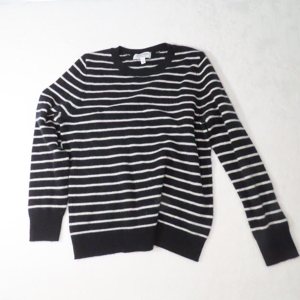The Nordstrom 100% Cashmere Black White Stripe Crew Neck Sweater in size L is a